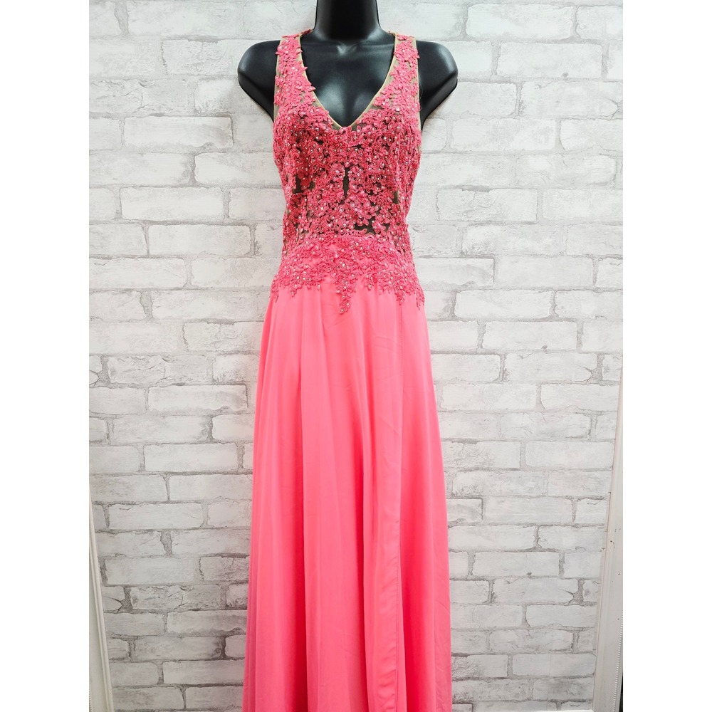 Madison James Coral Pink Beaded Lace Prom Gown Open Back Side Slit Size 12